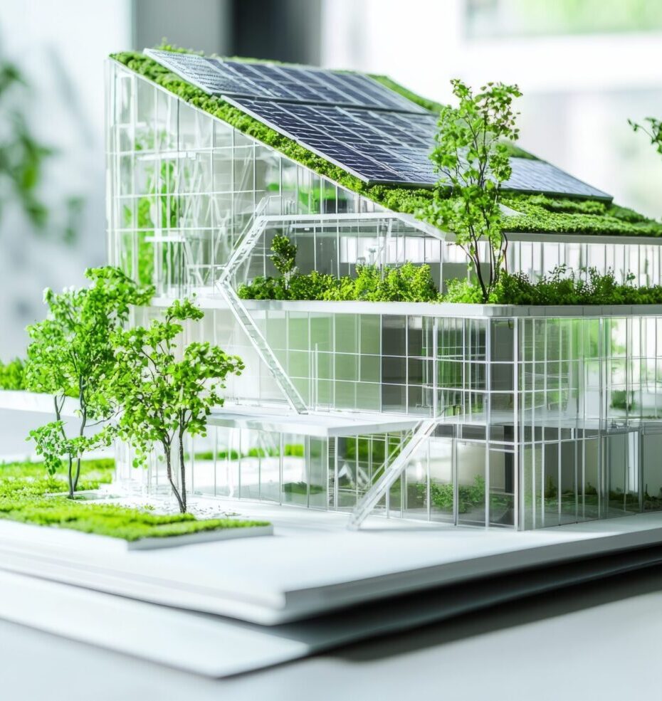 930×985_ Architects using BIM to design a sustainable building, they incorporate features like solar panels and green roofs into the model